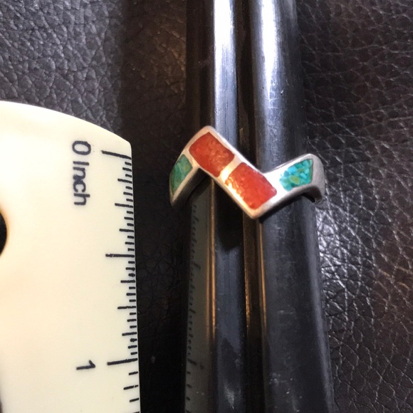 Turquoise and coral Navajo Sterling ring - Picture 2 of 3